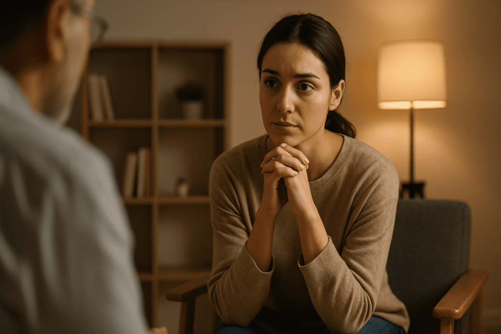 A thoughtful woman with hands clasped listens intently during a therapy session, seated in a cozy office with warm, ambient lighting.
