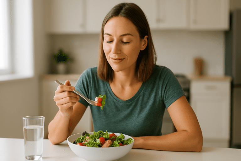 A young woman with shoulder-length brown hair sits at a clean white kitchen table, savoring a colorful salad with a glass of water nearby, bathed in soft natural light