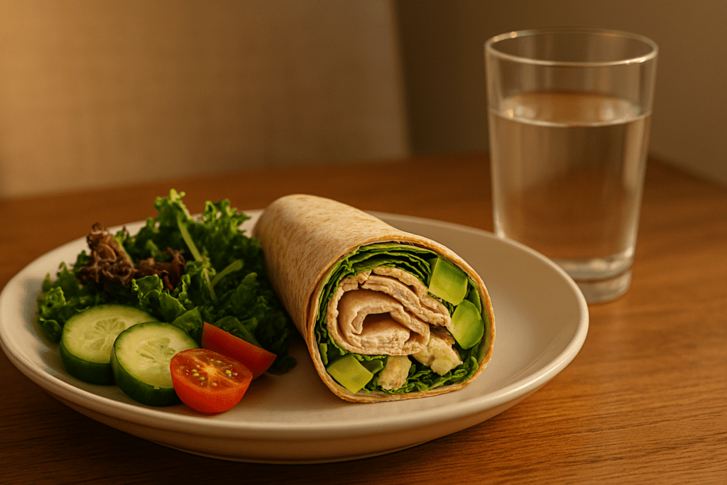 A close-up shot of a healthy, low-calorie turkey and avocado wrap with crisp lettuce in a whole wheat tortilla, accompanied by a vibrant side salad and a glass of water on a white ceramic plate, illuminated by warm indoor light