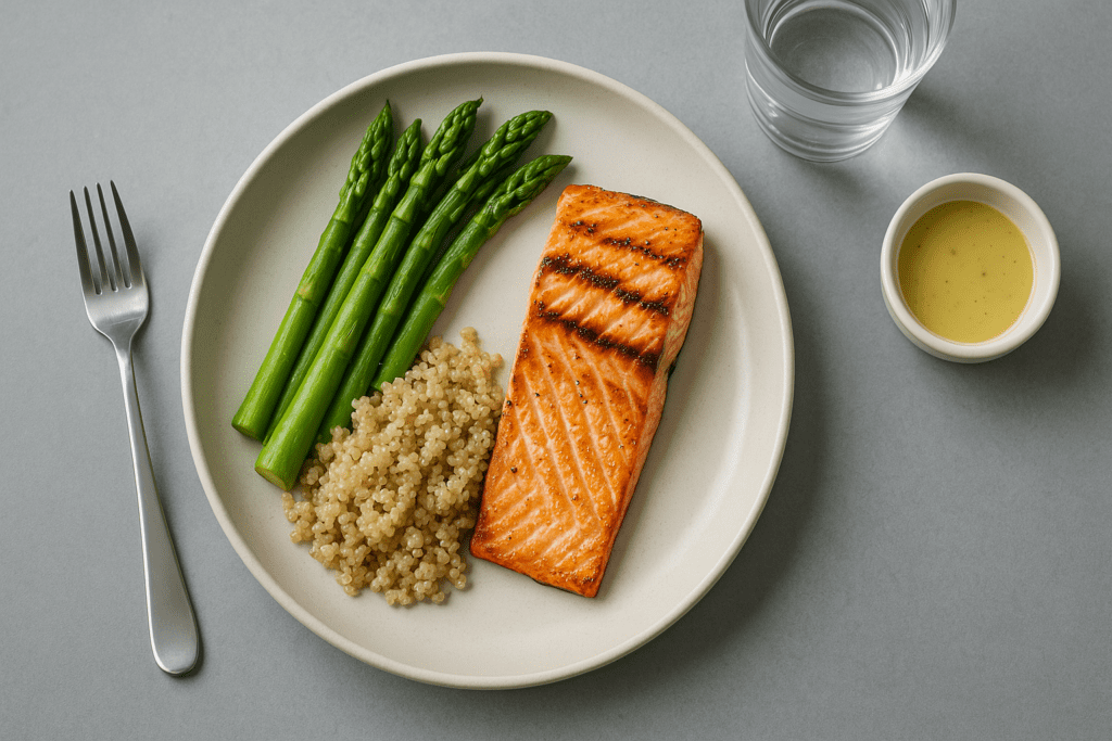 A close-up overhead view of grilled salmon with steamed asparagus and quinoa, arranged on a pale ceramic plate, accompanied by a fork, a small bowl of dressing, and a glass of water, under soft, natural light