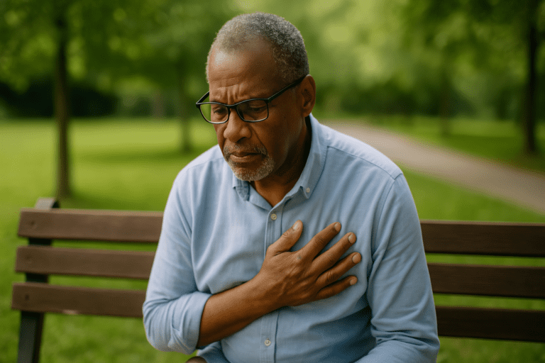An older man with short gray hair and a concerned expression sits on a wooden bench in a park, clutching his chest with one hand. His posture and expression suggest discomfort or concern, highlighting the importance of adopting a heart healthy low sodium diet to manage symptoms of congestive heart failure.
