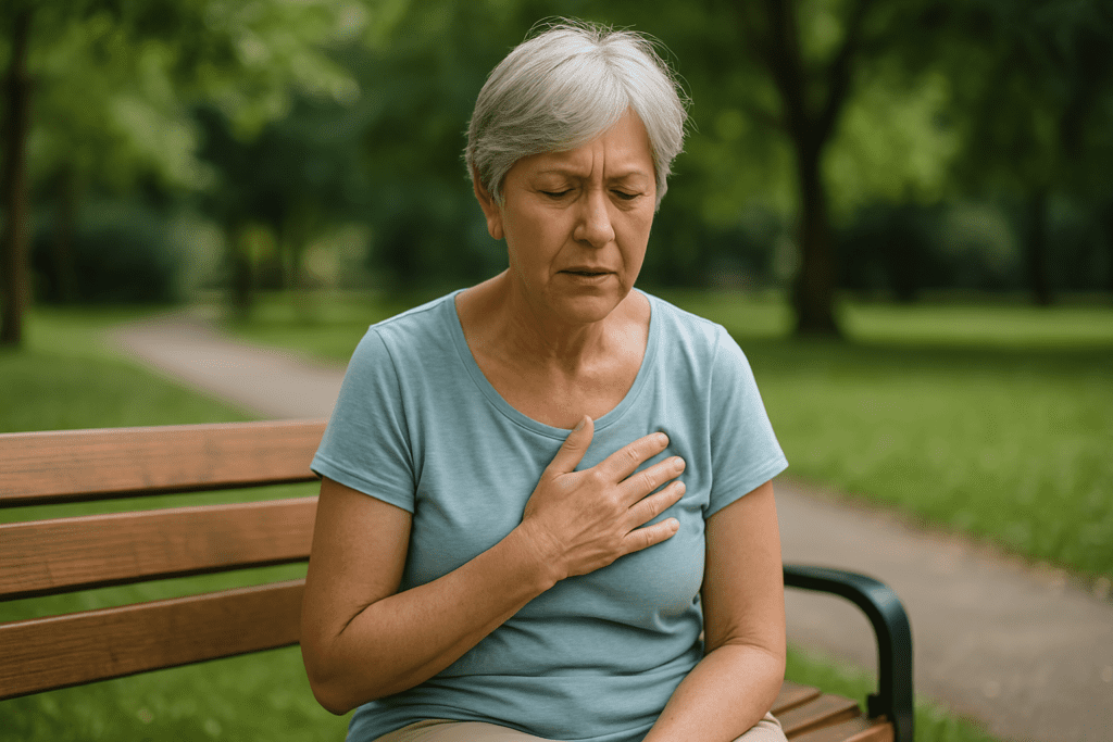 Best Diet for Congestive Heart Failure: Low Sodium Foods and Heart-Healthy Tips for Long-Term Management 1 An older man with salt-and-pepper hair sits on a bench in a park, holding his chest with a pained expression. The lush greenery in the background contrasts with his discomfort, reinforcing the need for a congestive heart failure diet that supports heart health and reduces the risk of worsening symptoms.
