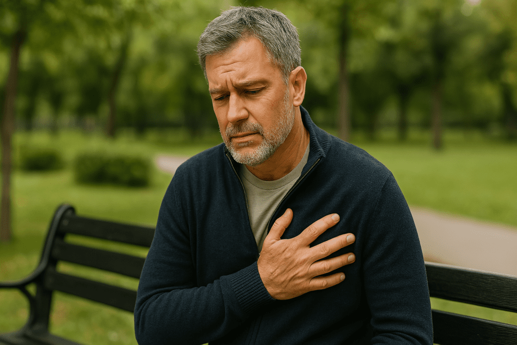 Best Diet for Congestive Heart Failure: Low Sodium Foods and Heart-Healthy Tips for Long-Term Management 2 An elderly woman with short gray hair sits on a wooden bench in a park, her eyes closed and her hand on her chest, indicating possible heart discomfort. The serene outdoor setting suggests the importance of lifestyle changes, including following a low sodium diet for CHF to improve long-term heart health.