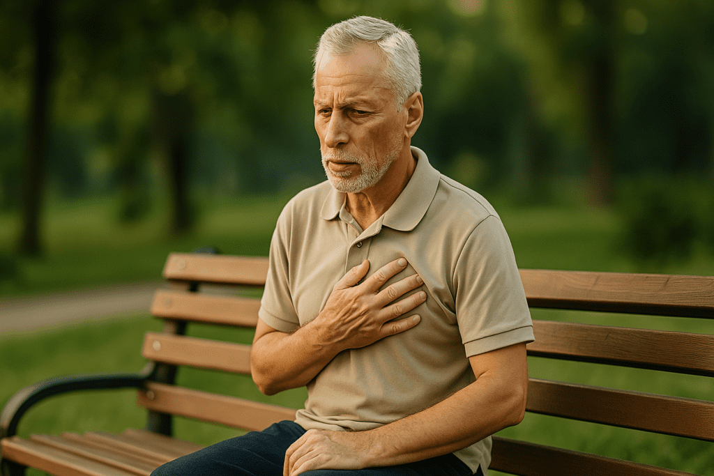 Best Diet for Congestive Heart Failure: Low Sodium Foods and Heart-Healthy Tips for Long-Term Management 3 An older African-American man with glasses and a serious expression sits on a wooden bench in a green park, holding his chest with one hand. His posture reflects concern, underscoring the importance of managing heart health through a sodium-restricted diet for heart failure and making informed dietary choices.