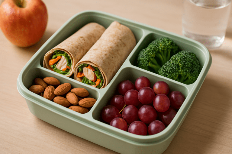 A high-resolution digital photograph showcases a green compartmentalized lunchbox with a secure lid on a wooden surface. Inside, whole-wheat wraps with grilled chicken and vegetables, fresh broccoli, grapes, and almonds are neatly arranged, while a red apple and water bottle softly blur in the background.