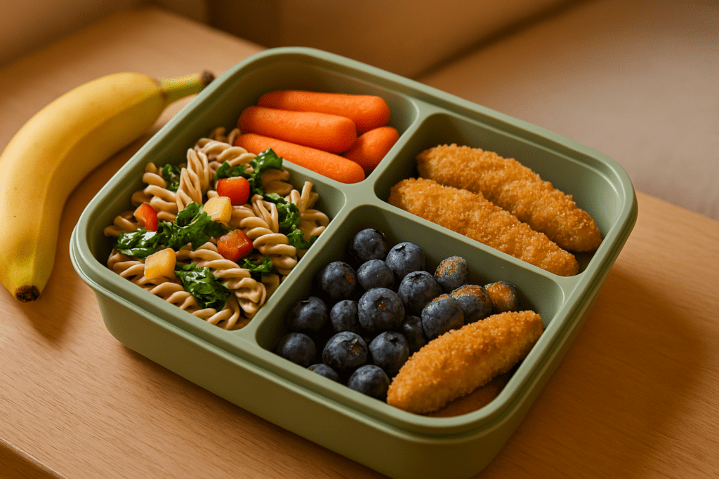 A photograph showcases a green plastic bento-style lunchbox placed on a light wooden surface. It contains pasta salad with spinach and tomatoes, baby carrots, blueberries, and crispy chicken tenders, with a ripe banana resting beside the box under warm, soft lighting.