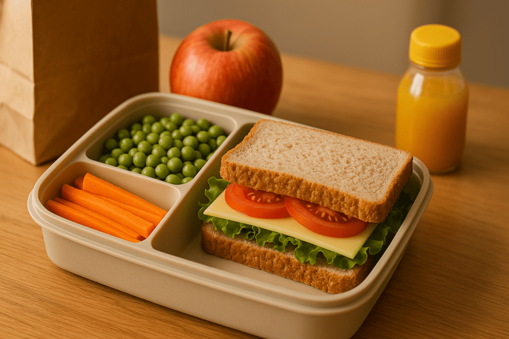 A photograph of a healthy, packed lunch in a beige compartmentalized plastic box sitting on a wooden table. The box contains a sandwich, green peas, carrot sticks, and an apple. Beside the box are a bottle of orange juice and a crumpled brown paper bag, all captured in warm, natural light.
