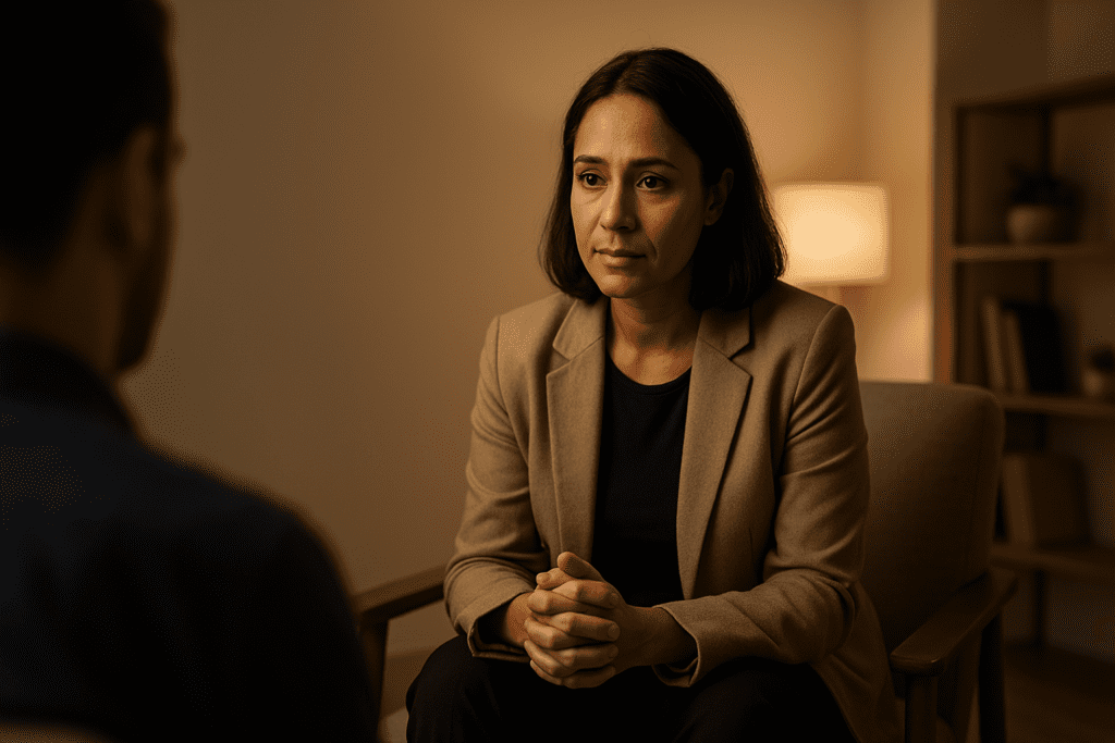 A photograph of a professional female therapist in her late thirties or early forties, captured mid-session with a male client in a minimalist, softly lit therapy office. The therapist maintains a composed and attentive posture while the blurred outline of the client is visible in the background.