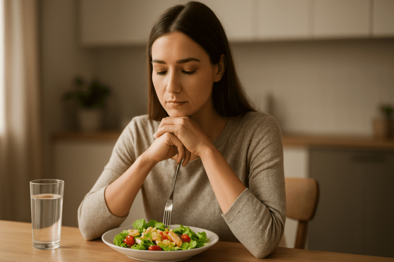 A young woman with long chestnut hair sits at a minimalist wooden dining table in a sunlit kitchen. She is wearing a beige sweater, resting her chin on her clasped hands, while a fresh salad and a glass of water sit in front of her. The softly blurred background shows modern kitchen elements in neutral tones.