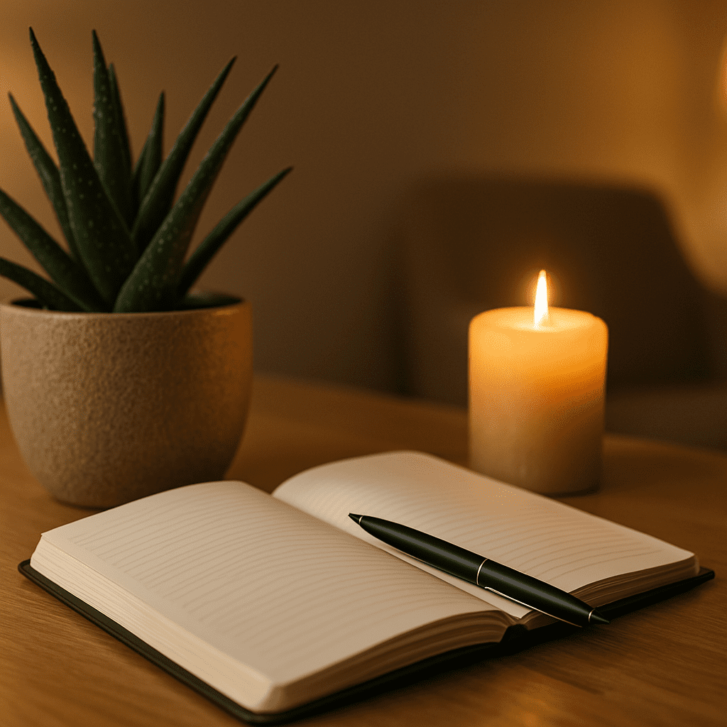 Smart Lunch Foods List and Dinner Ideas to Help You Eat Healthier Every Day 1 An open notebook lies on a light wooden surface in a dimly lit room, accompanied by a glowing candle, a potted aloe vera plant, and a sleek black pen. The warm lighting highlights the textures of the notebook's creamy pages, the plant's pointed leaves, and the flicker of the candle.