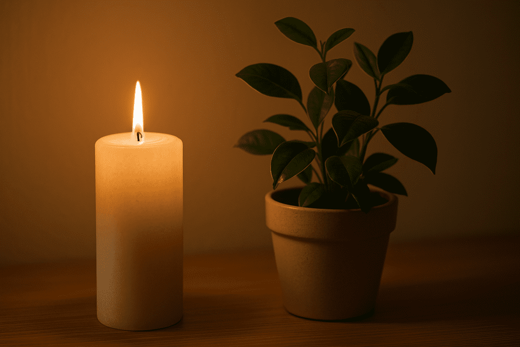 Smart Lunch Foods List and Dinner Ideas to Help You Eat Healthier Every Day 2 A slender white pillar candle with a flickering flame sits beside a lush green houseplant on a light wooden surface. The candle’s smooth texture and the plant’s glossy leaves reflect the warm glow, creating soft shadows on the neutral beige wall behind them.