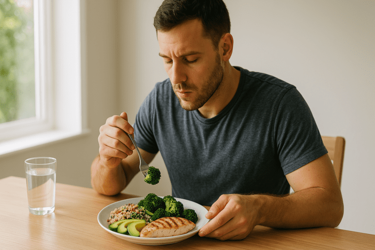 A Caucasian man in his early 30s with short dark brown hair and a neat beard sits at a light wooden table, enjoying a healthy lunch of grilled chicken, broccoli, quinoa salad, and avocado. Soft morning light streams from a window with blurred green foliage in the background.
