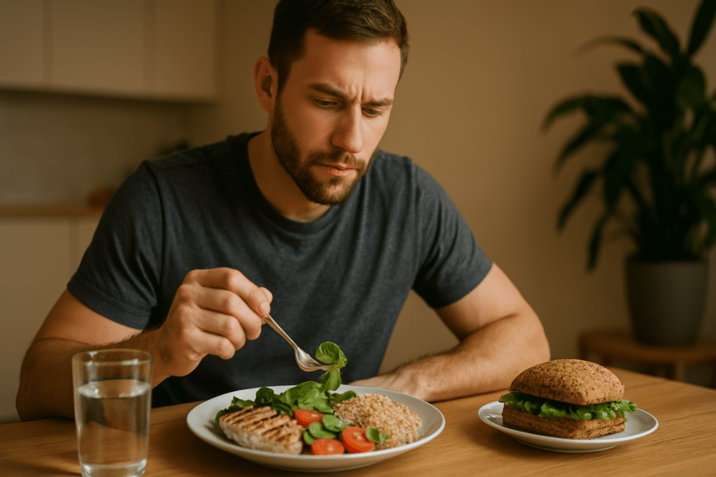 A Caucasian man in his early 30s, with a trimmed beard and focused expression, sits at a wooden table enjoying a balanced lunch. His plate contains grilled chicken, spinach, tomatoes, cucumber, quinoa, and a whole-grain sandwich, while a glass of water sits nearby in a modern kitchen with beige tones and greenery.