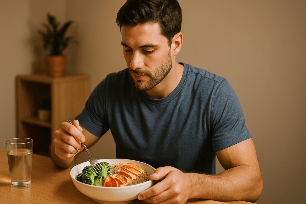 A young man with short dark hair and a trimmed beard, in his late 20s or early 30s, sits at a light wooden table, focused on a bowl of grilled chicken, quinoa, broccoli, and sliced tomatoes. Warm indoor light creates a cozy atmosphere in the neutral kitchen setting.