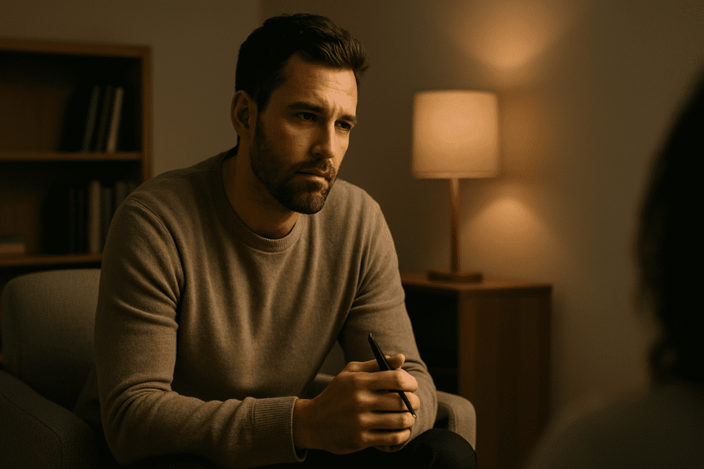 A light-skinned therapist in his early 30s, wearing a beige sweater, sits in a softly lit, neutral-toned office. He maintains a thoughtful and engaged expression as he focuses intently on an unseen person. Warm ambient lighting casts soft, directional shadows in the room.