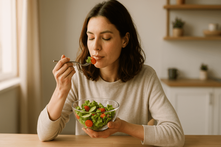 A young woman with wavy chestnut hair and fair skin enjoys a fresh salad at a light wooden table in a bright, minimalist kitchen. She is wearing a beige sweater and holds a fork with a bite of vegetables, her expression relaxed as soft natural light highlights the neutral-toned decor.