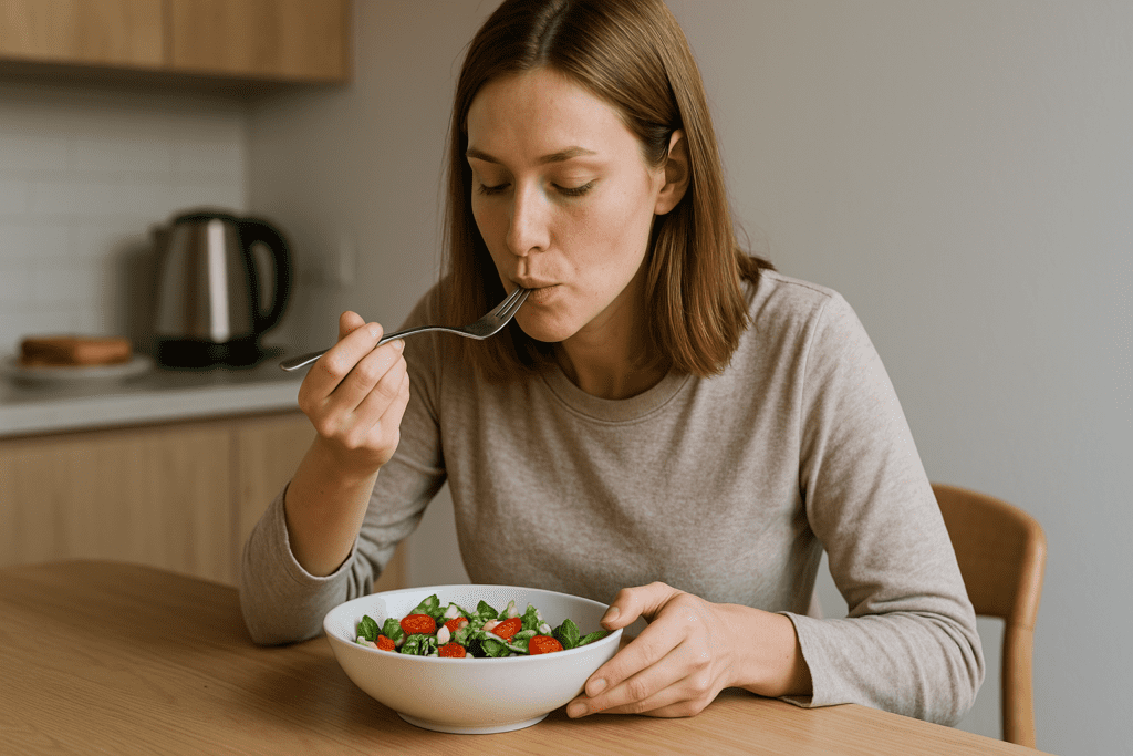 A young woman with light brown hair and fair skin sits at a wooden table, savoring a salad in her bright kitchen. Dressed in a beige crewneck, she leans slightly forward, illuminated by soft natural light, with a blurred background featuring a kettle, sandwich, and subtle kitchen details.