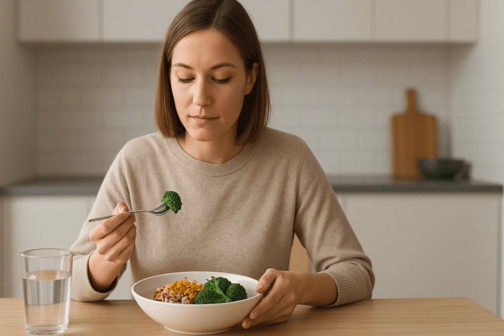 Smart & Easy Lunch Ideas for Busy Days: What to Eat for Lunch at Home When You’re Short on Time 2 A woman in her mid-30s with neatly parted light brown hair and fair skin enjoys a light meal at her kitchen table. She is dressed in a beige sweater and minimal makeup, with soft natural light enhancing the serene kitchen scene featuring white cabinets and a light wood countertop.