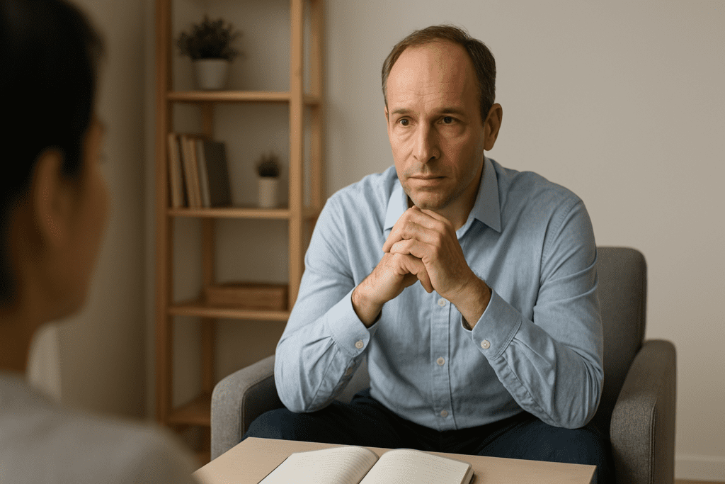 Smart & Easy Lunch Ideas for Busy Days: What to Eat for Lunch at Home When You’re Short on Time 3 A middle-aged male therapist with light skin and a receding hairline sits in a minimalist therapy room, leaning slightly forward in a gray armchair with his hands clasped below his chin. Soft natural lighting and neutral tones set a calm mood, with a blurred patient silhouette in the background.