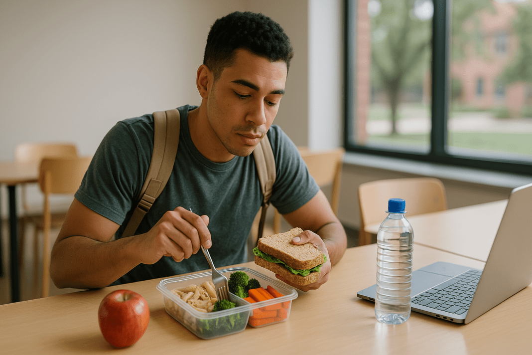 A young man in his early twenties with light brown skin, short curly hair, sitting at a bright cafeteria table. He is eating a balanced meal that includes pasta, broccoli, and carrots, accompanied by an apple and water. An open laptop sits beside him in a calm, sunlit environment.