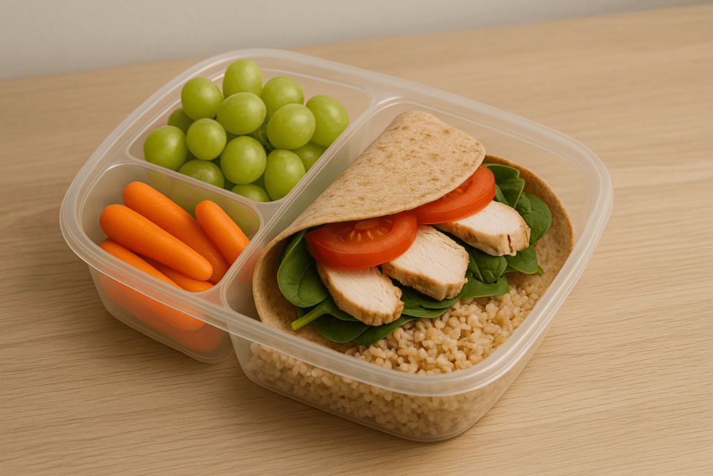 A clear, round plastic meal prep container is placed on a light wooden surface. It contains a variety of nutritious items: a whole-wheat wrap with chicken and vegetables, fresh green grapes, baby carrots, and a mix of brown rice and quinoa.