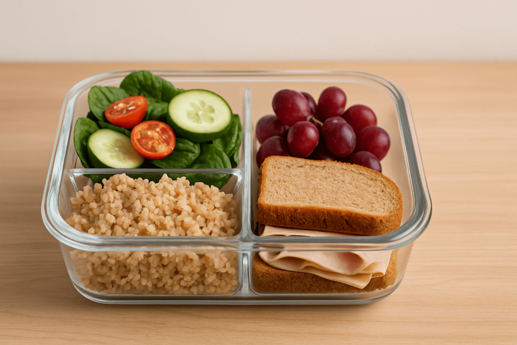 A well-lit close-up of a transparent rectangular meal prep container divided into four sections. The sections hold a fresh spinach, cucumber, and cherry tomato salad, a serving of grapes, fluffy brown rice, and a neatly cut turkey and cheese sandwich, placed on a simple white surface.