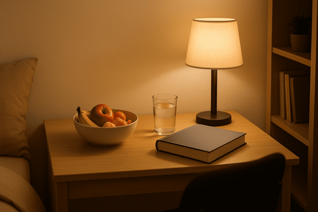 A cozy, evening dorm room illuminated by the warm light of a desk lamp. A wooden desk holds a bowl of fresh fruit, a glass of water, and a textbook, while a partial glimpse of a bed and a bookshelf adds balance to the relaxed, inviting atmosphere.