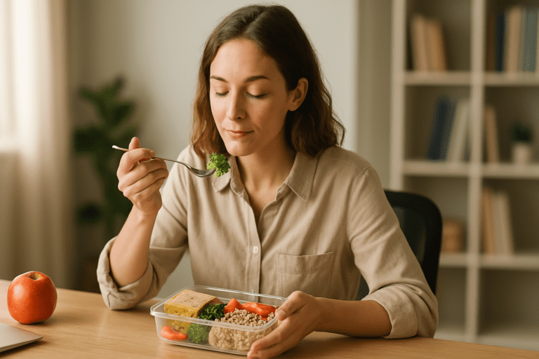 A young woman with shoulder-length wavy light brown hair sits at a wooden desk in a well-lit office, eating a healthy homemade lunch. She has a calm, content expression, with natural sunlight streaming in. Her meal consists of broccoli, carrots, brown rice, and a sandwich, with a sleek laptop and an apple nearby in her cozy, modern workspace.