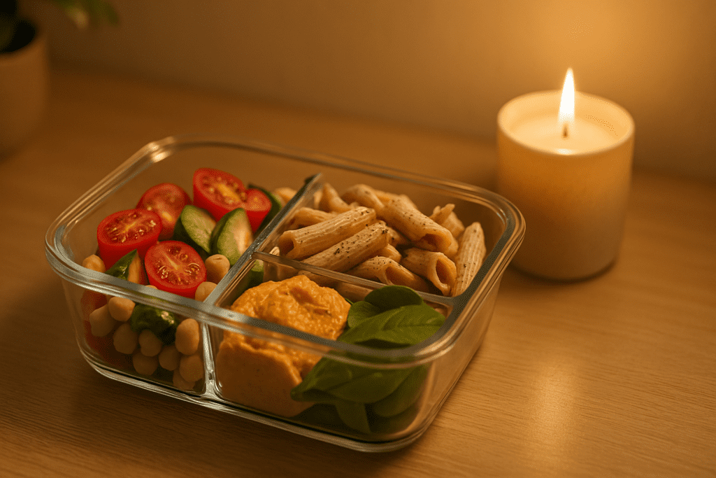 A transparent glass food container with three compartments sits on a light wooden surface. The container holds a fresh salad, whole wheat penne with grilled chicken, and smooth hummus. A softly glowing candle in a ceramic holder casts a warm ambient light on the meal.