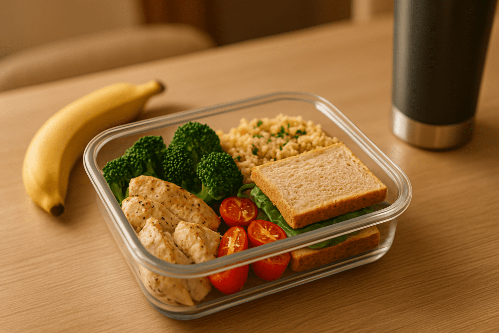 Smart & Simple Lunch Ideas for Work: Nutritious, Easy Meals Adults Can Pack for Busy Days 2 A neatly arranged meal in a transparent rectangular plastic container is placed on a light wood-grain table. The meal includes grilled chicken, broccoli, couscous, cherry tomatoes, and a sandwich. Warm, soft lighting adds depth, while a beige chair in the background remains slightly blurred.