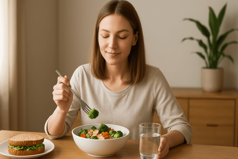 A young woman with light brown hair, seated at a wooden table in a minimalist room, enjoys a healthy lunch of colorful salad and a sandwich. Soft natural sunlight from a nearby window casts a gentle glow on her relaxed face as she savors her meal, with neutral tones creating a serene atmosphere