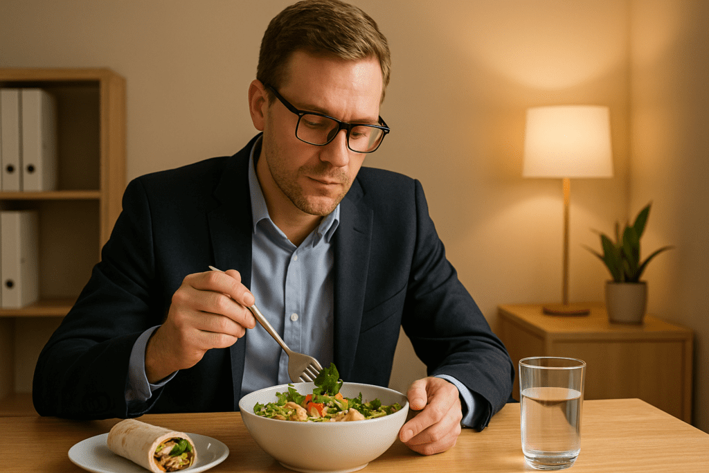 A man in his mid-30s, dressed in a dark blue suit jacket and light blue shirt, sits at a wooden desk in a clean, modern office, eating a salad. He gazes at his meal with a focused expression, surrounded by a wrap, a glass of water, and a green potted plant in the softly lit space with beige walls and a wooden bookshelf.