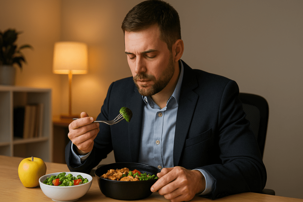 A focused man in his 30s, with short dark brown hair and a neat beard, sits at a desk in a cozy office, enjoying a healthy meal. Wearing a navy suit and light blue shirt, he holds a fork with broccoli in one hand while a salad and apple rest on a smooth wooden desk. Warm ambient lighting highlights the calm, professional environment
