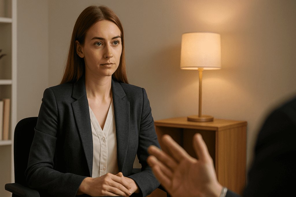 A young woman with long, light brown hair sits attentively in a minimalist office, wearing a tailored charcoal blazer and white blouse. Soft lighting highlights her engaged expression as she listens, with a potted plant and bookshelf in the background and a brass-hued lamp casting a warm glow beside her, while the blurred hand gesture of an unseen speaker suggests an engaging conversation