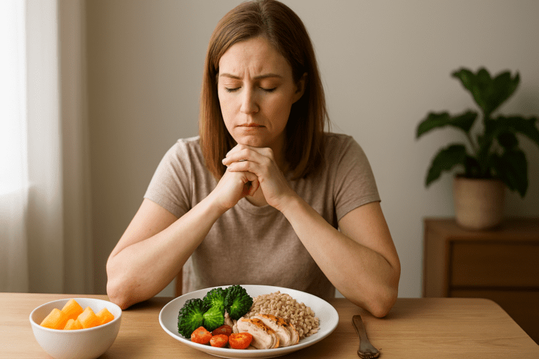 A photograph of a Caucasian woman in her mid-30s with straight, shoulder-length light brown hair, sitting at a simple wooden table. She is enjoying a healthy meal consisting of grilled chicken, steamed broccoli, cherry tomatoes, and quinoa, paired with cantaloupe. Soft, natural sunlight filters in, creating a peaceful atmosphere.