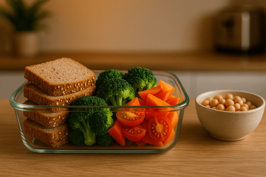 A photograph captures a glass rectangular container divided into three sections, filled with whole-grain bread, vibrant green broccoli, and a colorful salad of tomatoes and carrots. A small bowl of chickpeas is placed beside the container. The scene is set against a kitchen backdrop with light wood accents, enhanced by soft, warm lighting.