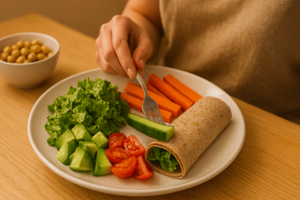 A photograph showcases a white, round, divided plate on a light wooden table. It holds a balanced meal with green salad, vegetable sticks, and a whole-grain wrap. An adult hand, with short nails and dressed in a beige shirt, picks up a cucumber stick using a silver fork. A small bowl of chickpeas sits beside the plate, bathed in warm light.
