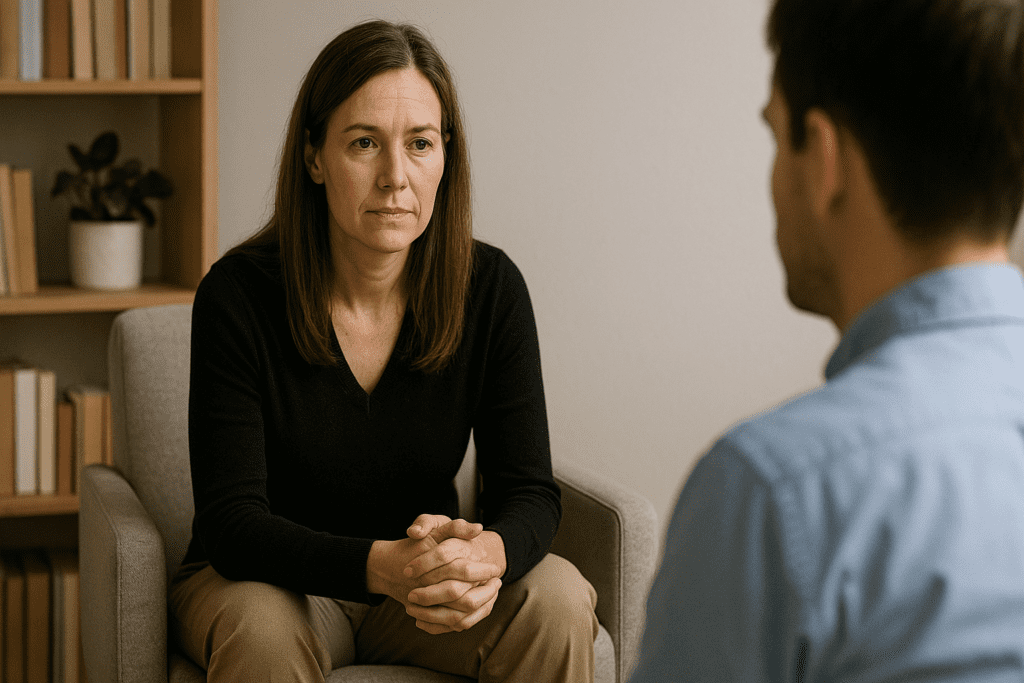 A photograph captures a therapy session showing a middle-aged female therapist with light skin, wearing a black V-neck sweater and beige pants. She sits in a minimalist office with a calm and focused expression. The space features neutral tones, a simple modern design, and bookshelves in the background, with soft lighting providing a serene atmosphere.