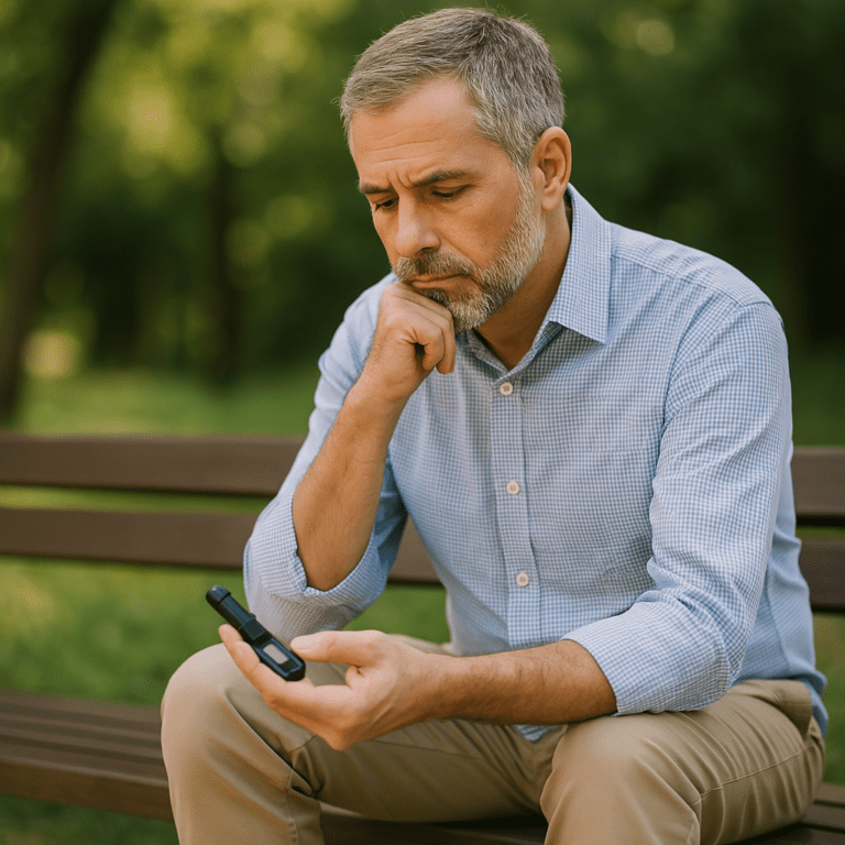 A middle-aged man with salt-and-pepper hair sits on a park bench during a sunny afternoon, attentively checking his blood sugar using a glucometer. The natural greenery in the background and the warm sunlight filtering through the trees create a serene environment, reflecting a moment of mindful diabetes management.