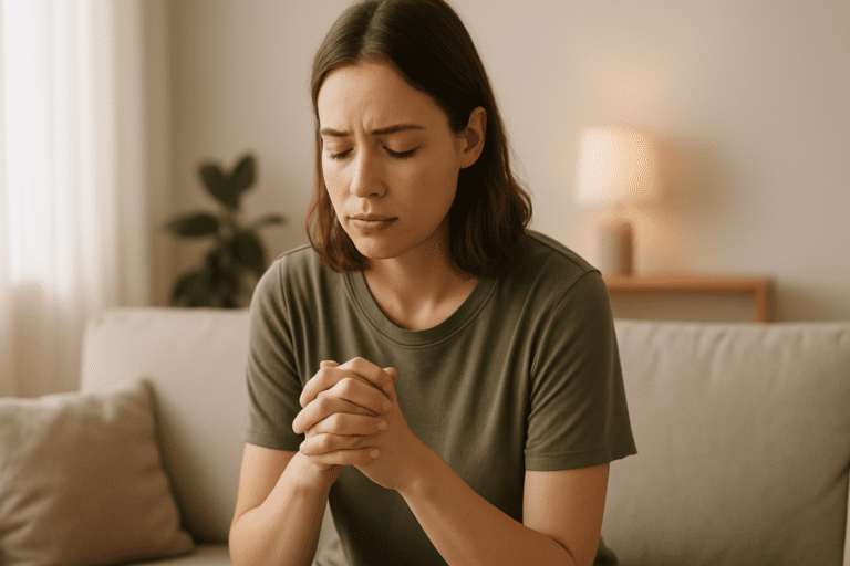 A young Caucasian woman in her mid-20s sits in a softly lit living room with her hands clasped in reflection. Natural light streams through a large window, with a wooden lamp and green plant subtly visible in the background.