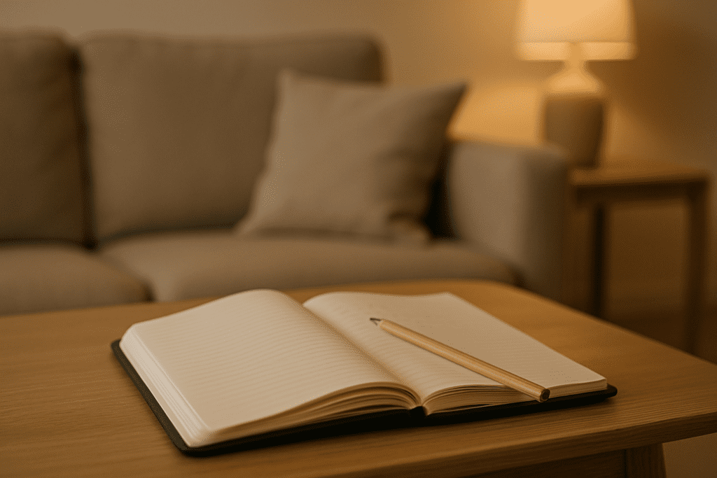 An open notebook rests on a light wooden coffee table in a warmly lit living room. A sharpened pencil lies beside the notebook, and a nearby lamp casts a gentle glow across the space