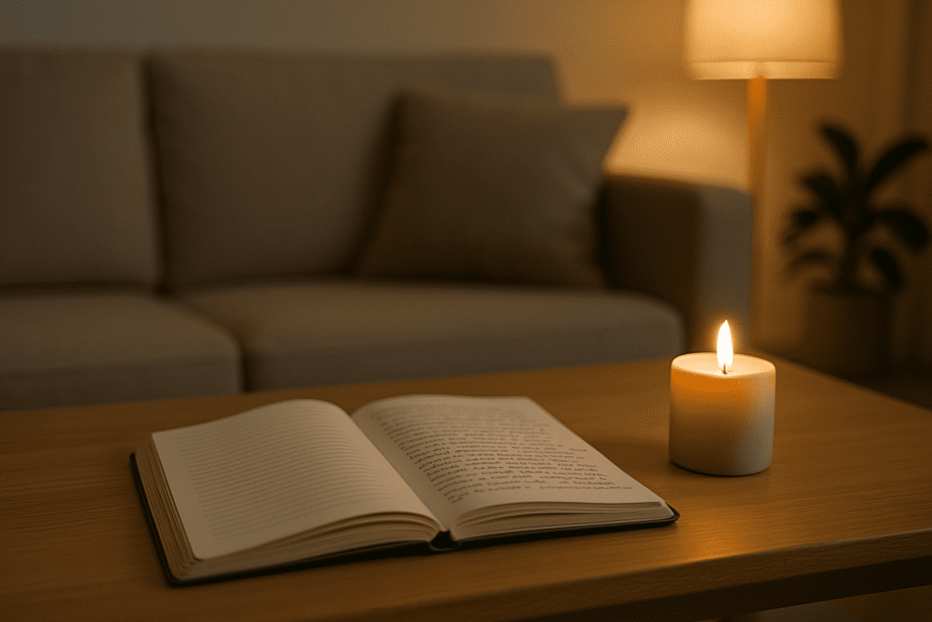 A journal sits open on a light wooden coffee table in a dimly lit room at night. A flickering candle adds warmth, complemented by neutral-toned furnishings and a potted plant nearby, creating a calming atmosphere.