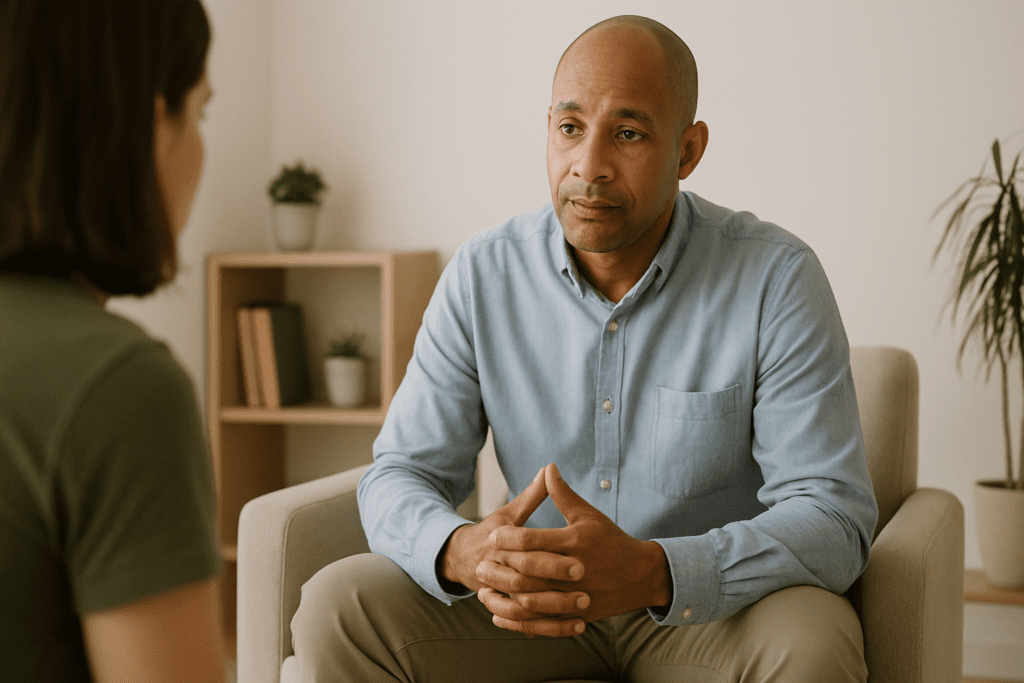 A focused African American therapist with a shaved head and light beard listens attentively in a clean, neutral-toned therapy room. He wears a light blue shirt and beige pants, sitting comfortably while the partially visible patient engages in conversation