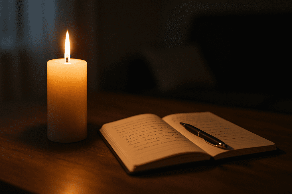 A softly lit wooden table holds a flickering pillar candle beside an open journal, illuminated by gentle ambient light filtering through a sheer curtain. The calm, inviting atmosphere suggests a reflective moment, reinforcing the theme of mindful self-care for managing blood sugar naturally.
