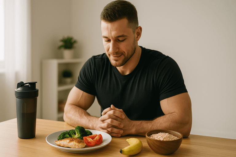 A muscular Caucasian man in his late 20s or early 30s sits at a light wooden table, hands clasped in front of him. He looks down at a balanced meal of grilled chicken, broccoli, tomatoes, oatmeal, and a banana. The room is bathed in soft morning natural light, with a clean and minimalist background.