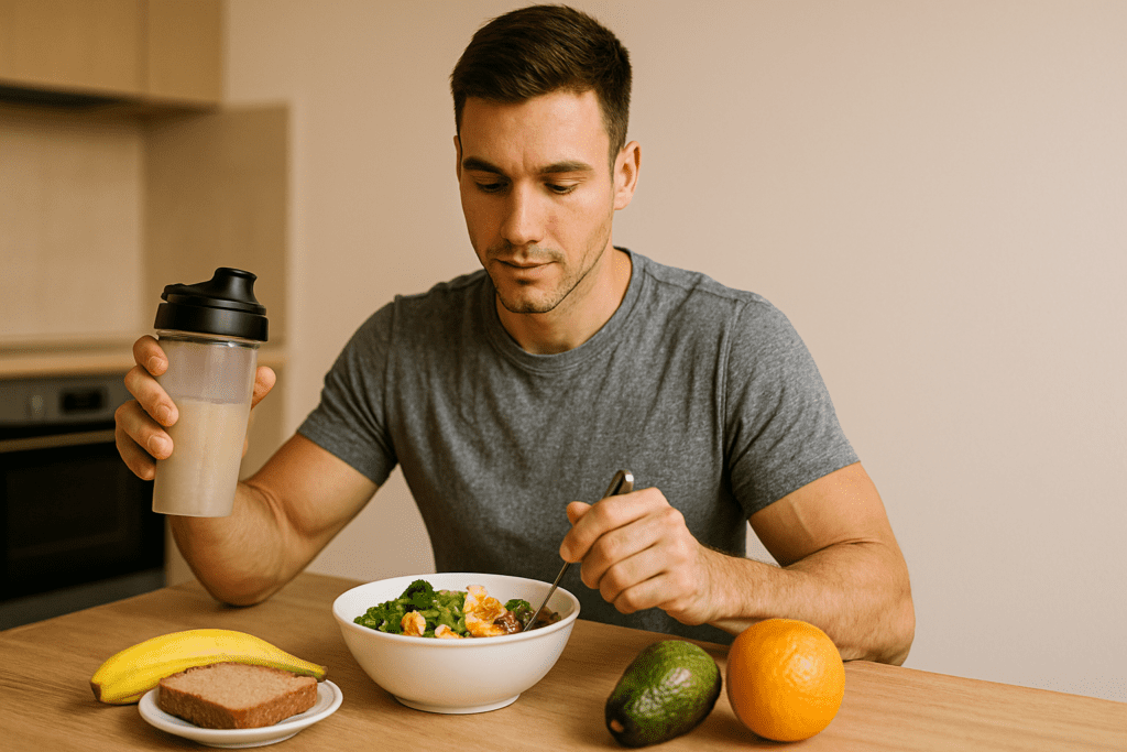 A modern, clean kitchen with a wooden table displaying a neatly arranged post-workout meal, including grilled salmon, quinoa, steamed vegetables, and a small bowl of fresh fruit. The space is illuminated by soft morning natural light, emphasizing the simplicity and nutrition of the setup.