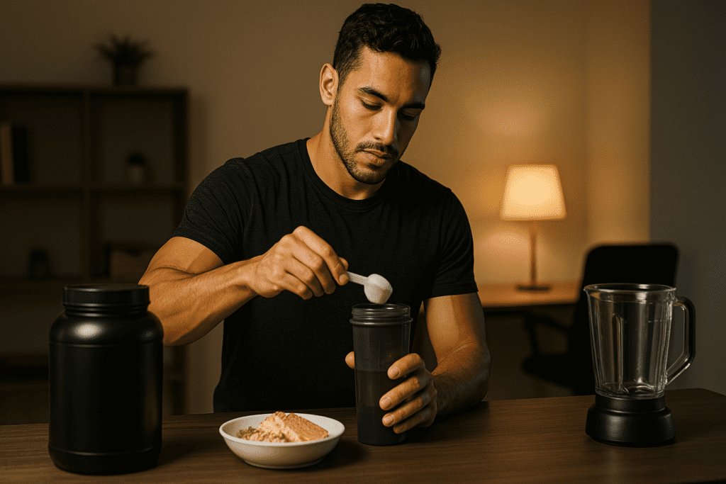 A muscular man with light brown skin is preparing a protein shake in a dimly lit home office at night. He stands near a sleek countertop with protein powder, a shaker, and a blender. The room has a calm atmosphere, with warm ambient lighting from a nearby lamp highlighting the scene.
