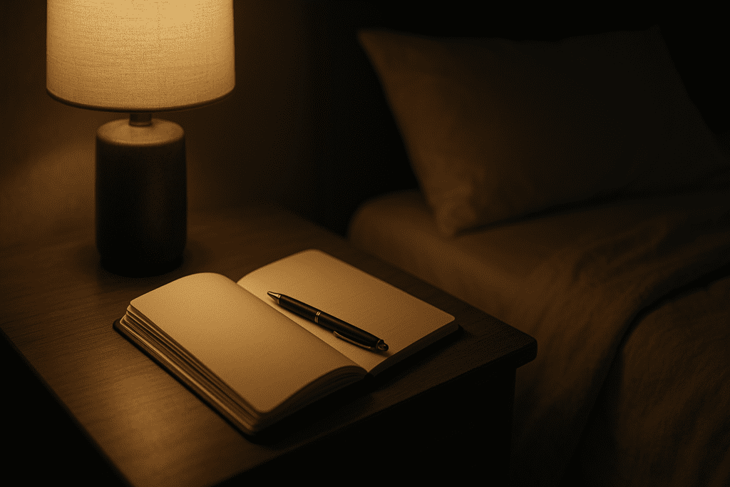 An open notebook rests on a smooth wooden nightstand, softly illuminated by the warm glow of a ceramic lamp in a dimly lit bedroom. The neutral, calming environment evokes a sense of reflection and planning, symbolizing mindful habits for better diabetes management.
