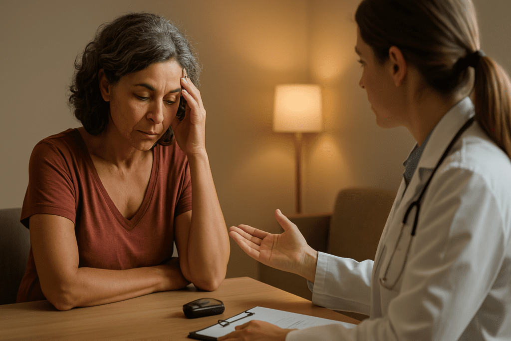 A woman, possibly managing diabetes, sits in a minimalist consultation room, engaged in conversation with her healthcare provider. Her thoughtful expression and attentive posture convey concern, while the provider offers a supportive hand, with warm ambient lighting emphasizing a moment of trust and guidance.