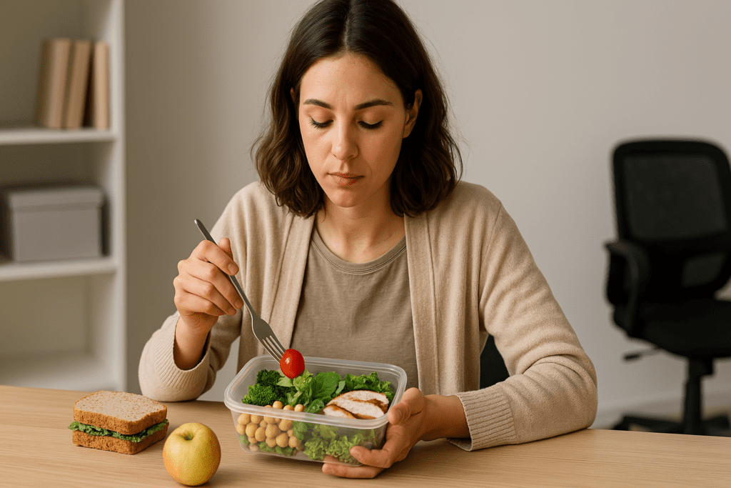 A young woman with wavy brown hair sits at a wooden desk in a well-lit office, eating a healthy lunch from a plastic container. Her meal includes grilled chicken, broccoli, chickpeas, and greens, with a sandwich and apple on the side. A white bookshelf and ergonomic chair complete the clean workspace